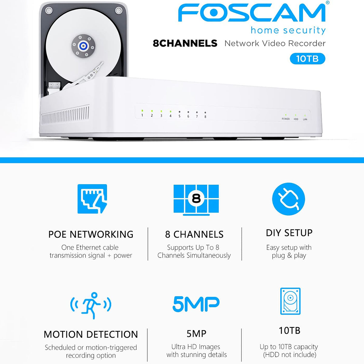 Foscam 5MP HD 8 Channel POE Home Security Camera System,Up To 10TB HDD Capacity
