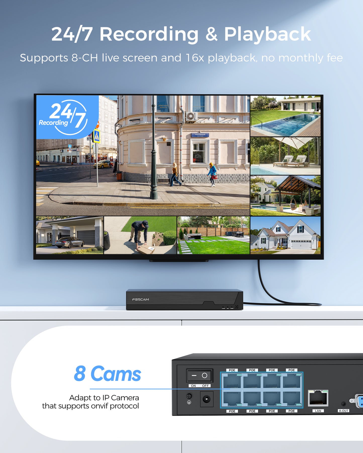 FOSCAM 4K 8MP 8CH PoE Network Video Recorder for Home Security Camera System, Support up to 16TB Hard Drive for 24/7 Continuous Recording